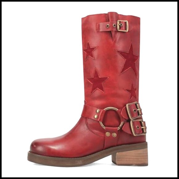 Women's Knee High Riding Boots Square Toe Chunky Heel Buckle Moto Boots
